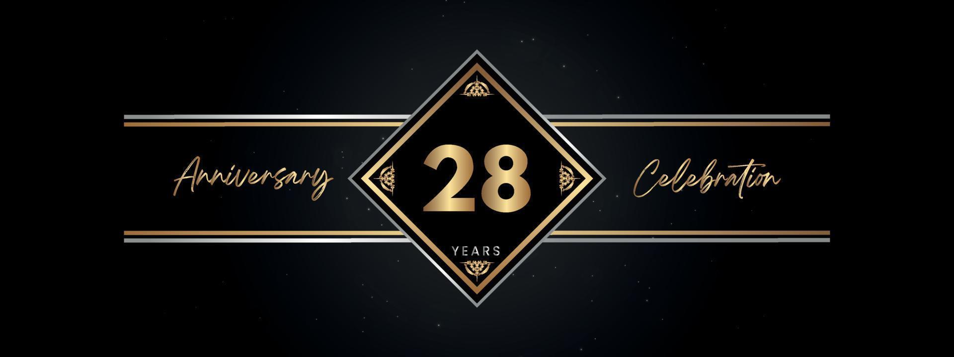 28 Jahre Jubiläum goldene Farbe mit Zierrahmen isoliert auf schwarzem Hintergrund für Jubiläumsfeier, Geburtstagsfeier, Broschüre, Grußkarte. Vorlagendesign zum 28-jährigen Jubiläum vektor