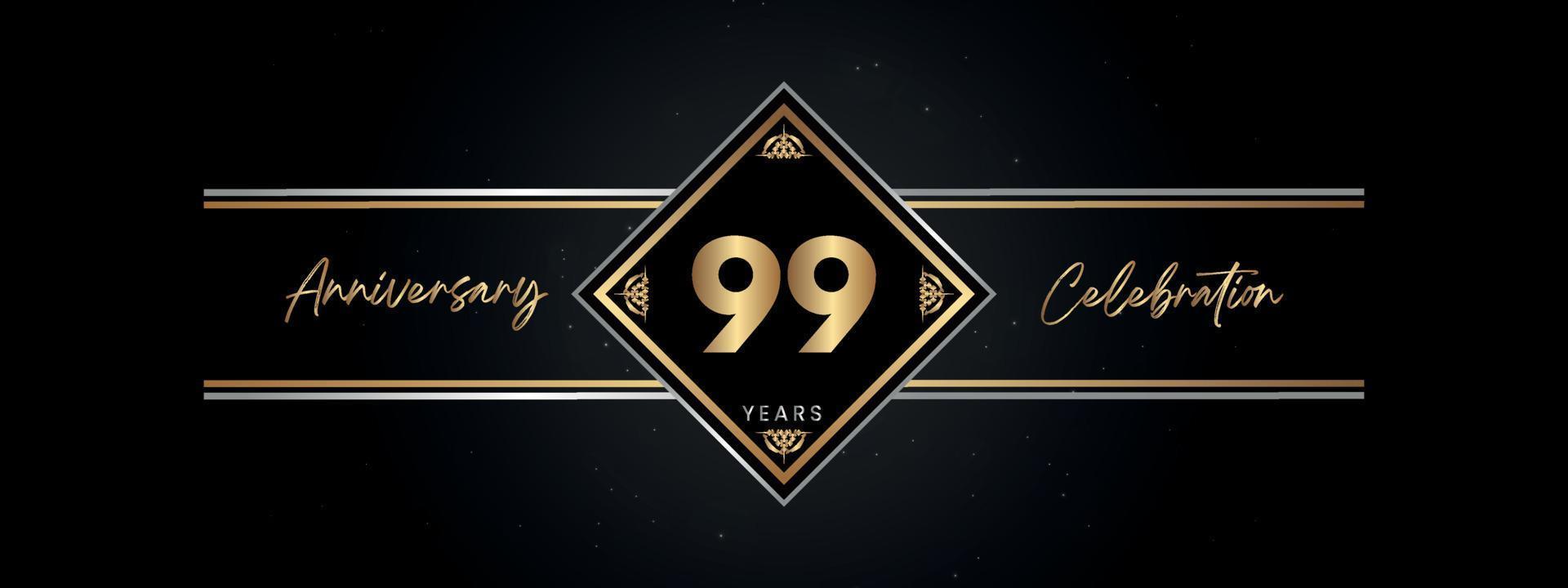 99 års jubileums gyllene färg med dekorativ ram isolerad på svart bakgrund för jubileumsfest, födelsedagsfest, broschyr, gratulationskort. 99 års jubileum malldesign vektor