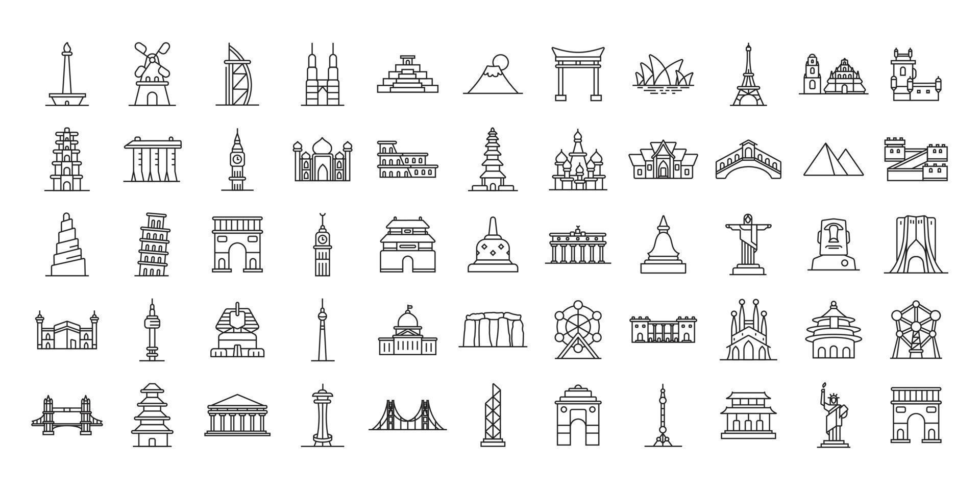 Icon-Sets von Touristenzielen auf der ganzen Welt. Wahrzeichen berühmter Städte im Vektordesign vektor