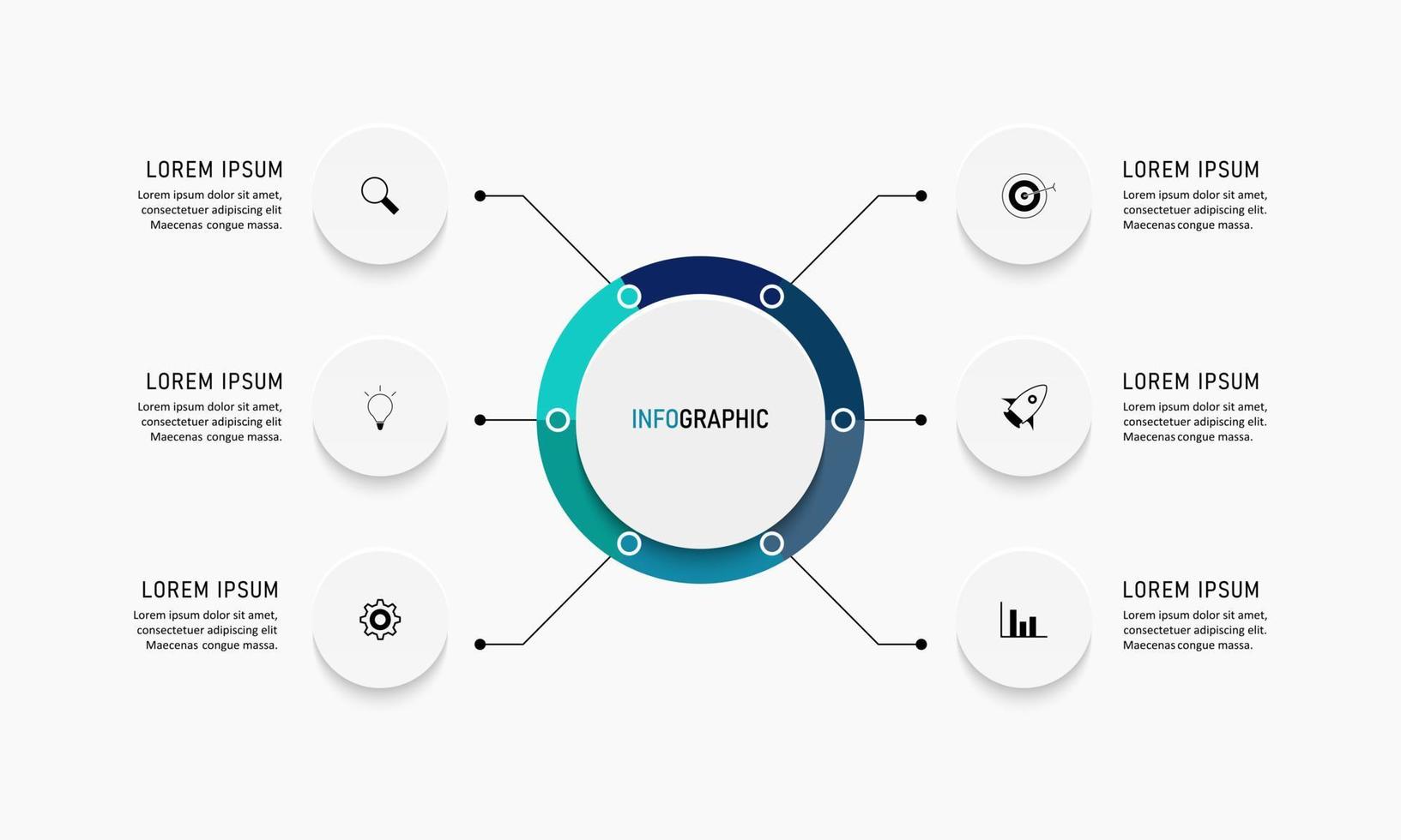 Vektor-Infografik-Etikettendesign-Vorlage mit Symbolen und 6 Optionen oder Schritten. kann für Prozessdiagramme, Präsentationen, Workflow-Layouts, Banner, Flussdiagramme und Infografiken verwendet werden. vektor