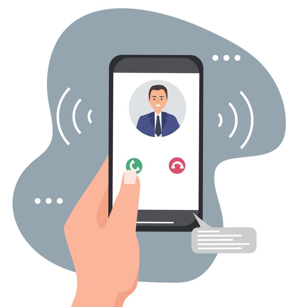 en hand håller en smartphone med ett inkommande samtal. porträtt av en person från kontakter på telefonskärmen. mobilapplikationer vektor