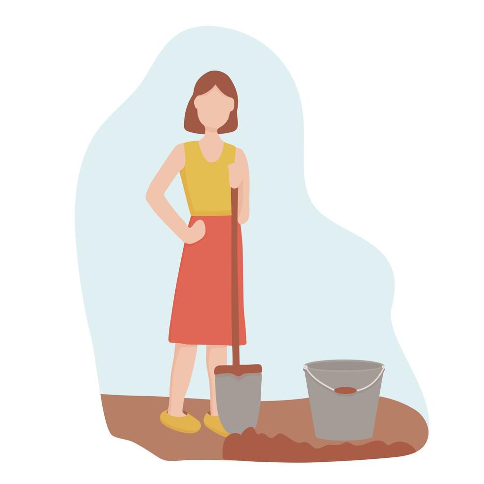 kvinna med en spade gräver marken. jordbruks- och lantbruksarbete i trädgården. trädgårdssäsong, bearbeta marken. skörda potatis vektor
