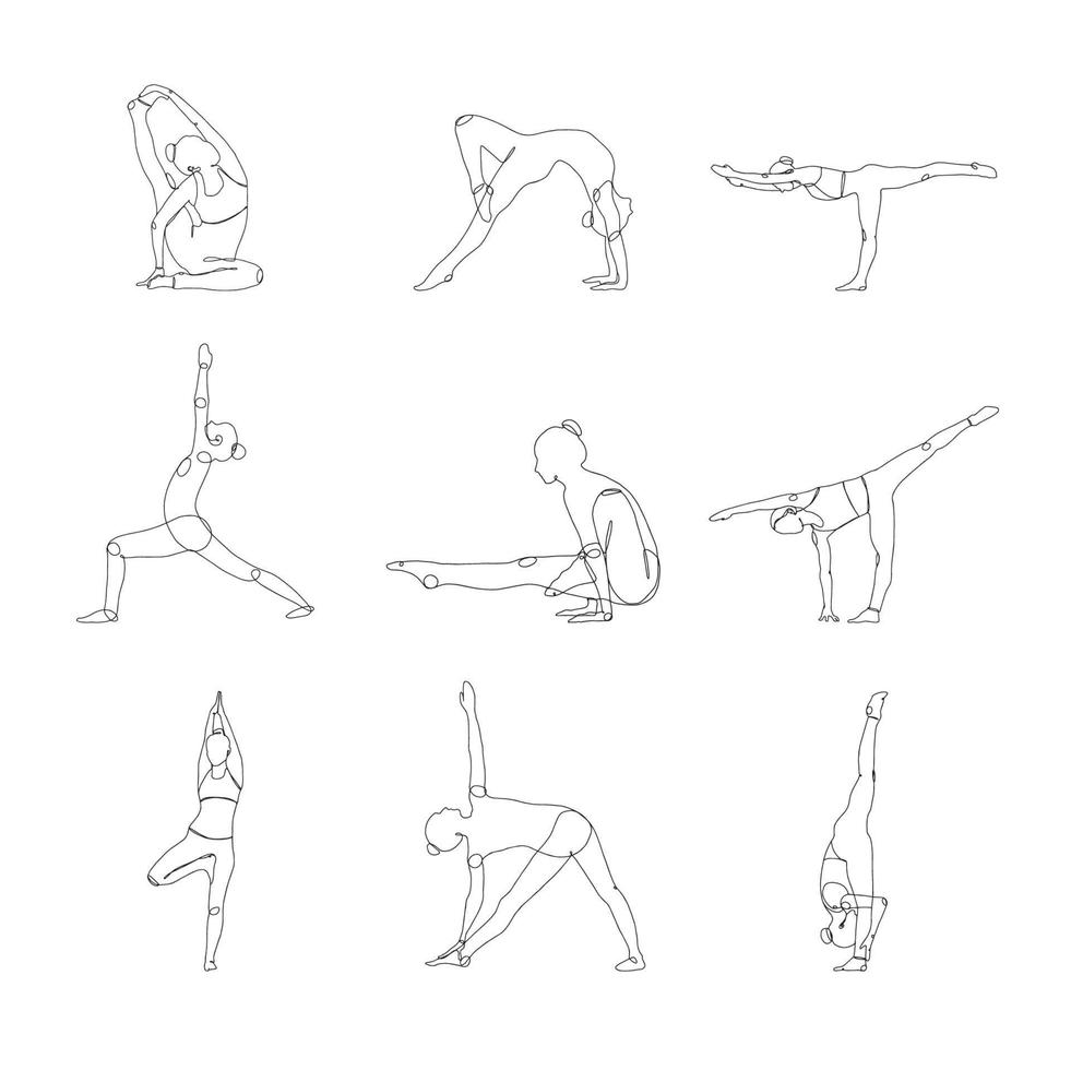 Strichzeichnungssatz von Frauen, die Yoga-Vektorillustration ausüben vektor