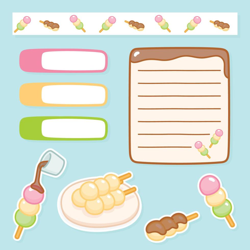 uppsättning planerare klistermärke dango dessert sötsaker japan kawaii doodle platt vektor illustration ikon