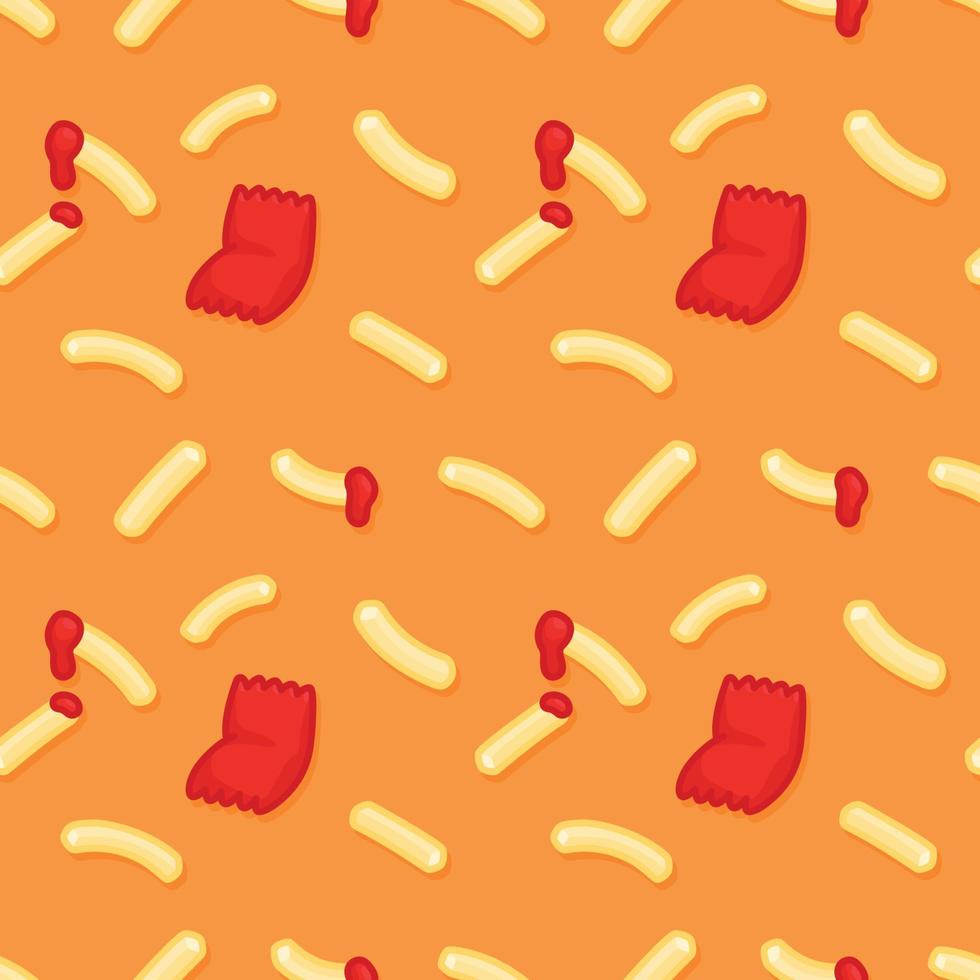 pommes frites getaucht in tomatensauce kawaii gekritzel flacher vektor nahtloses muster geschenkverpackung hintergrundhintergrund