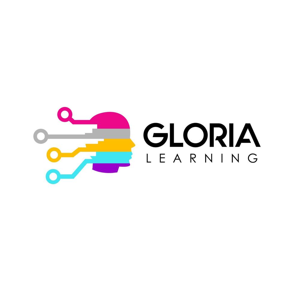 gloria learning, designmall för logotyp för digital inlärning, head people logo koncept, tänkande, tankesätt, färgglad, rosa, lila, violett, gul, ljusgrön, grå vektor