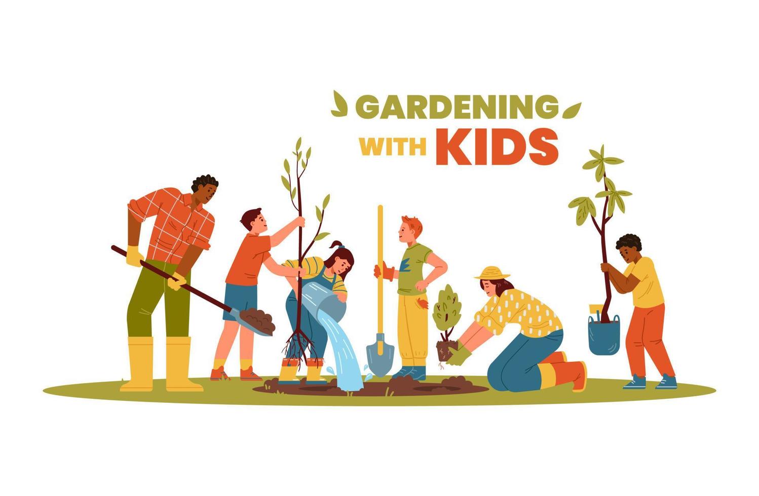 Gartenarbeit mit horizontalem Vektorbanner für Kinder. gemischtrassige Kinder und Erwachsene, die Bäume pflanzen, gießen, graben, Setzlinge bringen. vektor