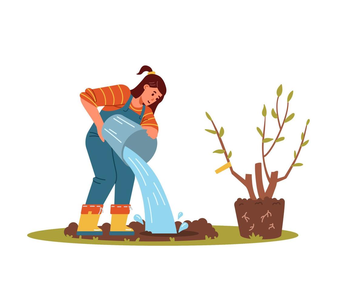 Mädchen, das Erde aus dem Eimer wässert, bevor sie Baumsämling-Vektorillustration pflanzt. Mädchen im Overall und Gummistiefel Gartenarbeit im Freien. vektor