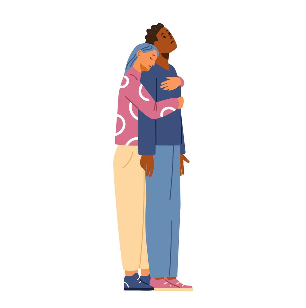 kvinna kramar och tröstar ledsen man vektorillustration. människor i sorg omfamnar för att stödja varandra. vektor