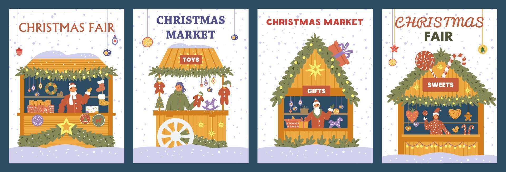 vektor uppsättning julmarknad affischer med presentbutiker, dekorationer, leksaker och godis.