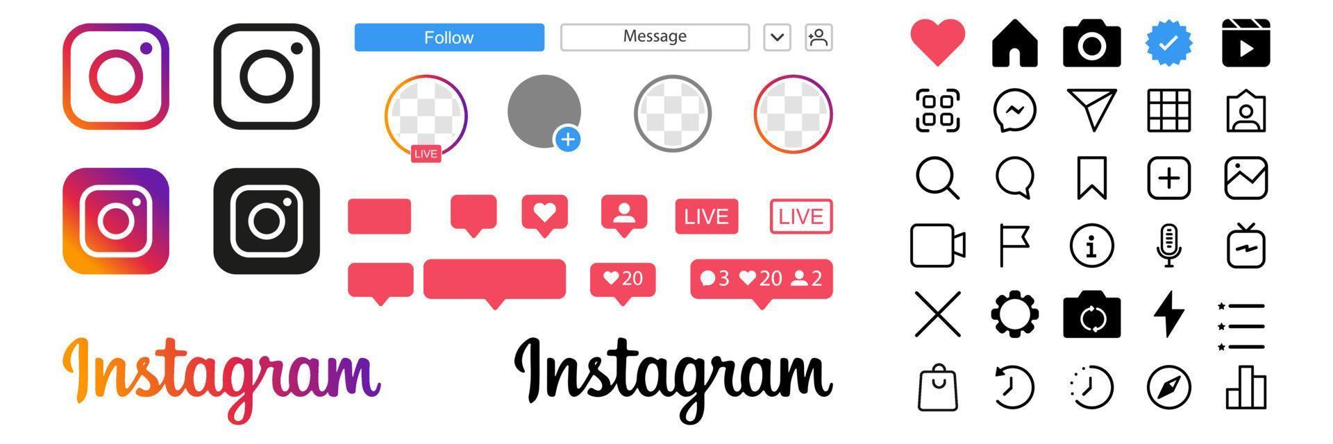 instagram-symbole setzen ui. Social-Media-Schnittstellensymbol-App. liken, kommentieren, folgen, live, igtv, shop, benachrichtigung. Vektor-Illustration vektor