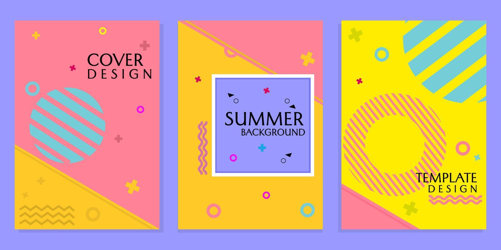 Eine Reihe von sommerlichen Bucheinbänden auf einem gelben und rosa Memphis-Hintergrund. niedliches und farbenfrohes abstraktes Design vektor