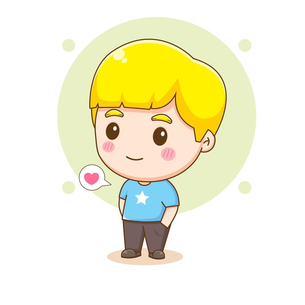 söt glad pojke står med händerna i fickorna. Chibi seriefigur. vektor konst illustration