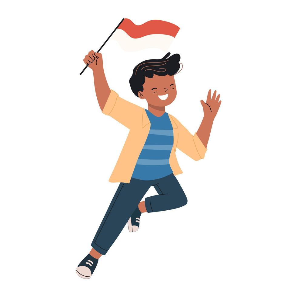 mann hält indonesische flagge mit cartoon flachem stil feiert den unabhängigkeitstag vektor