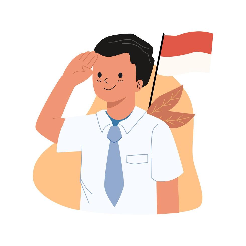 die menschen feiern den unabhängigkeitstag indonesiens. charakter, der nationalflaggenillustration im flachen artdesign hält vektor