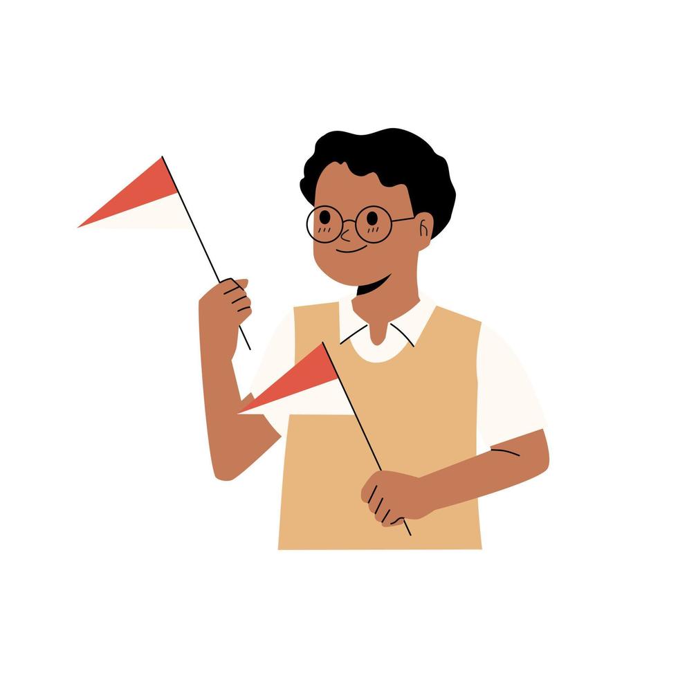 die menschen feiern den unabhängigkeitstag indonesiens. charakter, der nationalflaggenillustration im flachen artdesign hält vektor