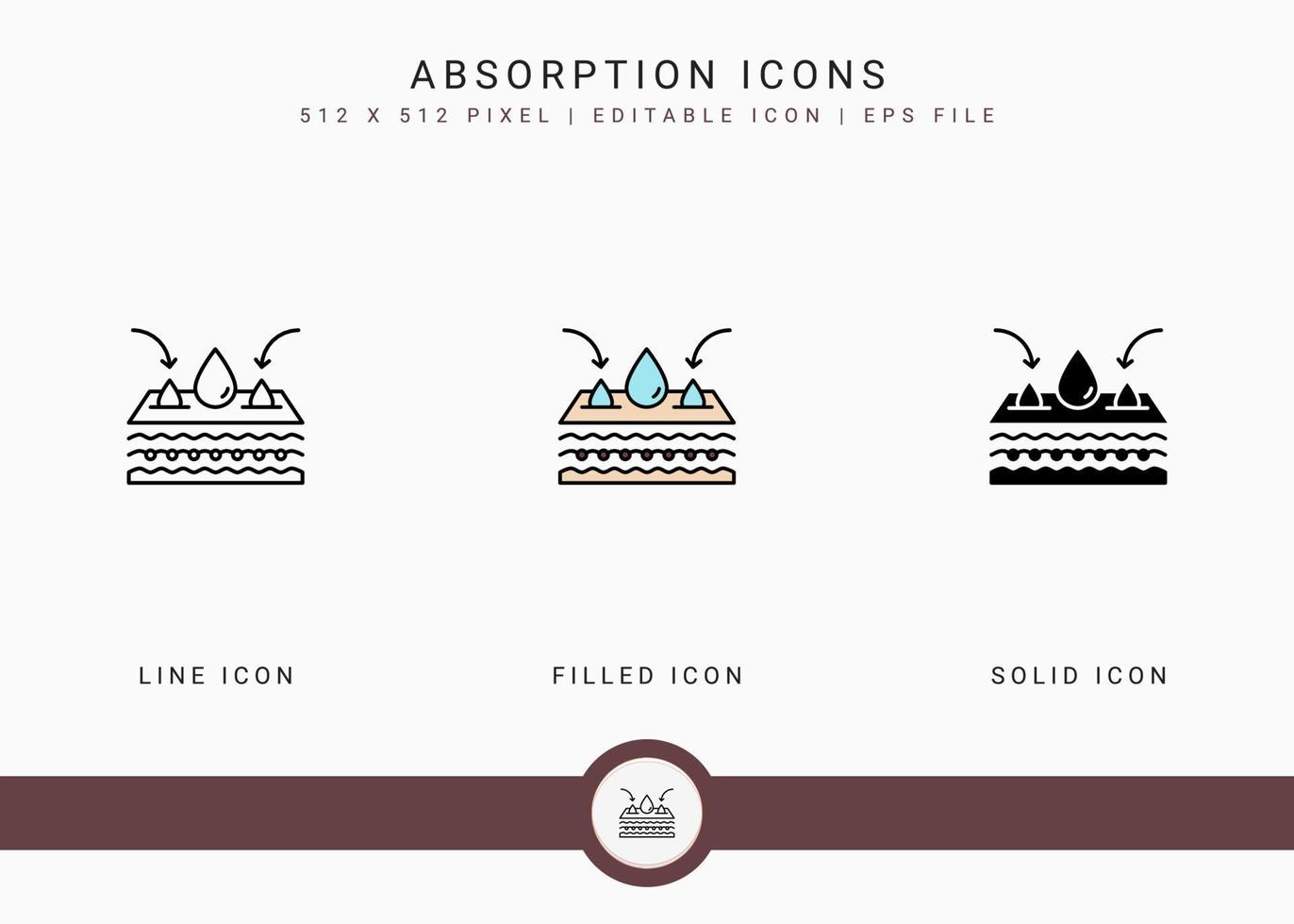 absorption ikoner som vektor illustration med solid ikon linje stil. hud fukt vatten koncept. redigerbar streckikon på isolerad bakgrund för webbdesign, användargränssnitt och mobilapplikation