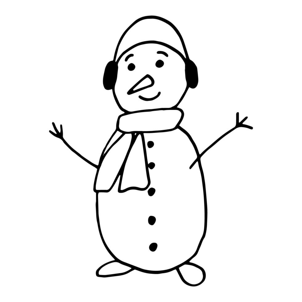 enkel vektor doodle snögubbe med hörlurar. handritad illustration med svart liner i linjekonststil. skapande av design för nytt år, vinter, jul