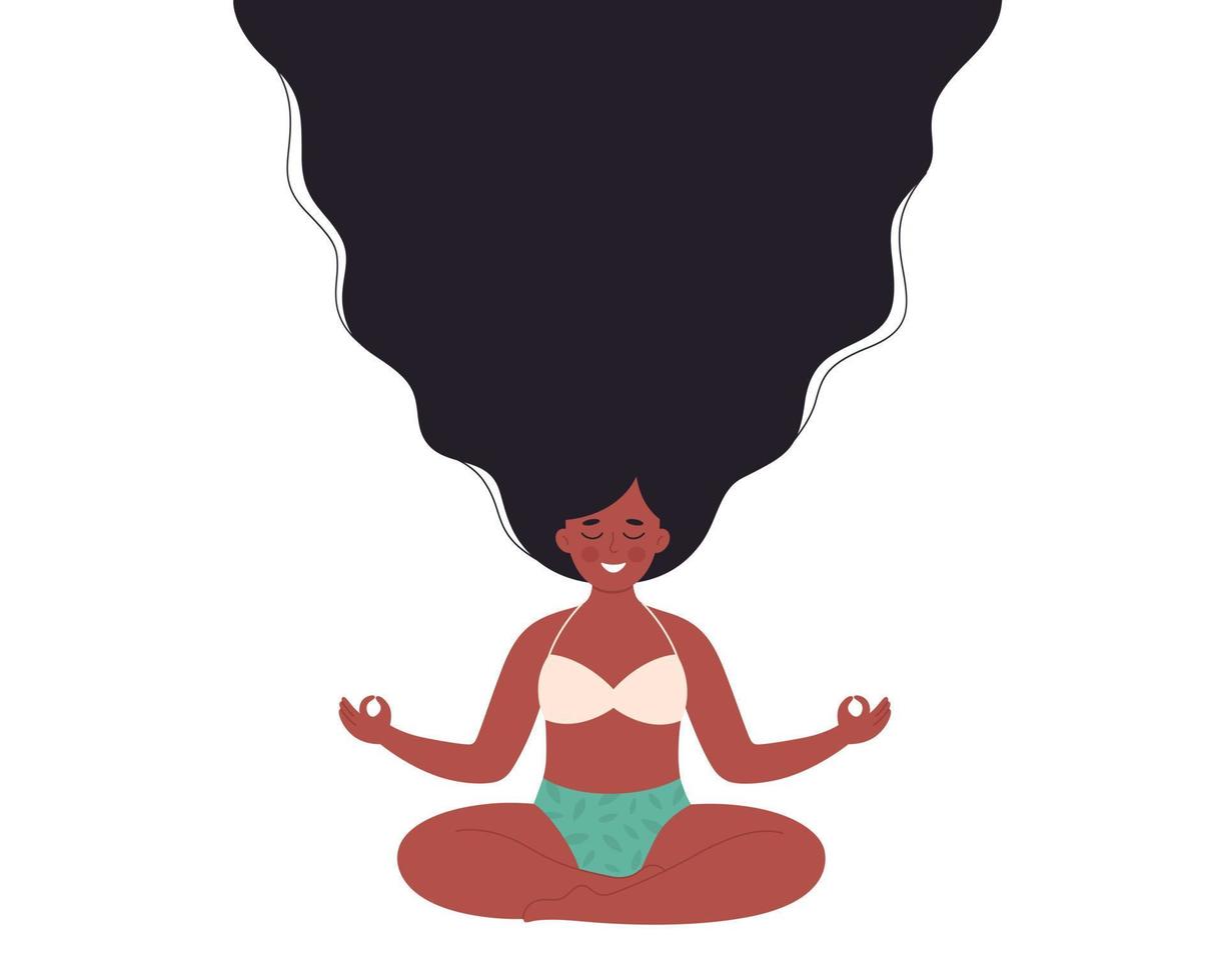 schwarze frau, die in lotushaltung auf yogamatte meditiert. Gesunder Lebensstil, Yoga, Entspannung, Atemübungen vektor