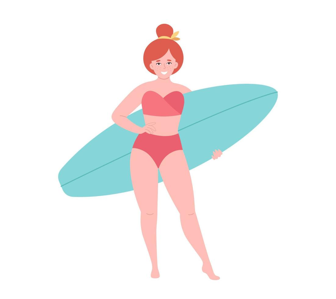 Frau mit Surfbrett. sommeraktivität, sommerzeit, surfen. Hallo Sommer. vektor