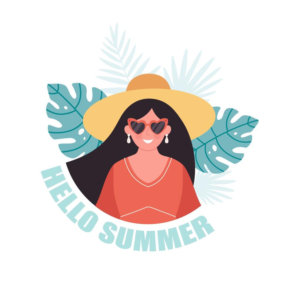 Frau mit Hut und Retro-Brille auf tropischem Blatthintergrund. Hallo Sommergrußkarte. Sommerzeit, Urlaub vektor