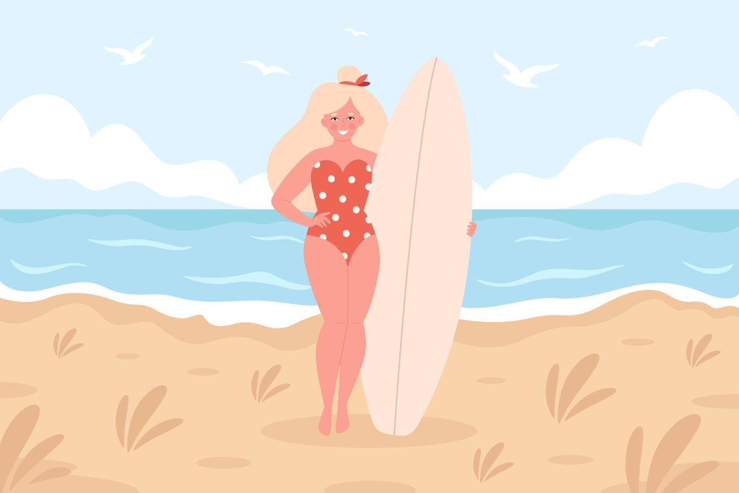 Frau mit Surfbrett am Strand. sommeraktivität, sommerzeit, surfen. Hallo Sommer. vektor