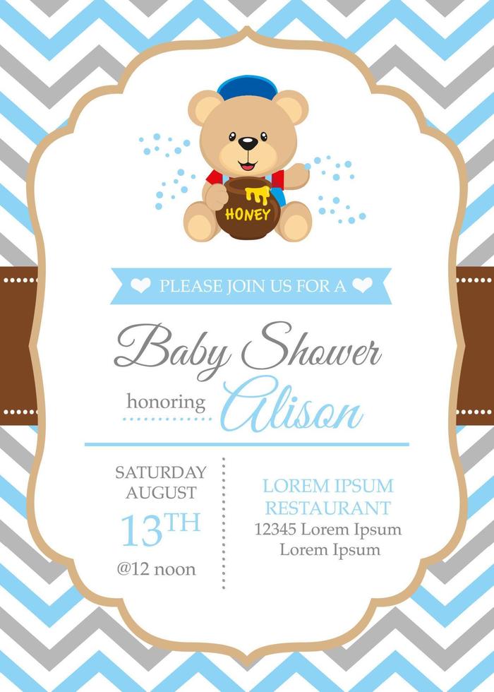 baby boy dusch inbjudan med söt björn vektor