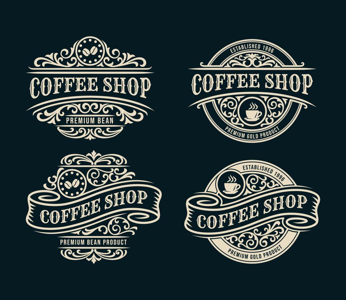 Café-Vintage-Luxusrahmen-Logo-Abzeichen mit gedeihendem viktorianischen Ornament vektor
