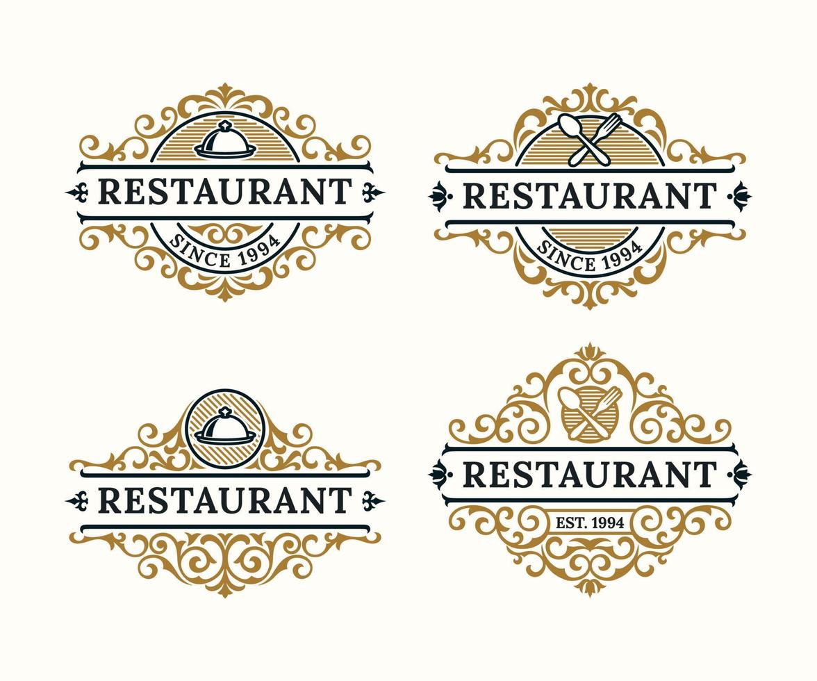 Restaurant-Vintage-Luxus-Rahmen-Logo-Abzeichen mit gedeihendem viktorianischen Ornament vektor
