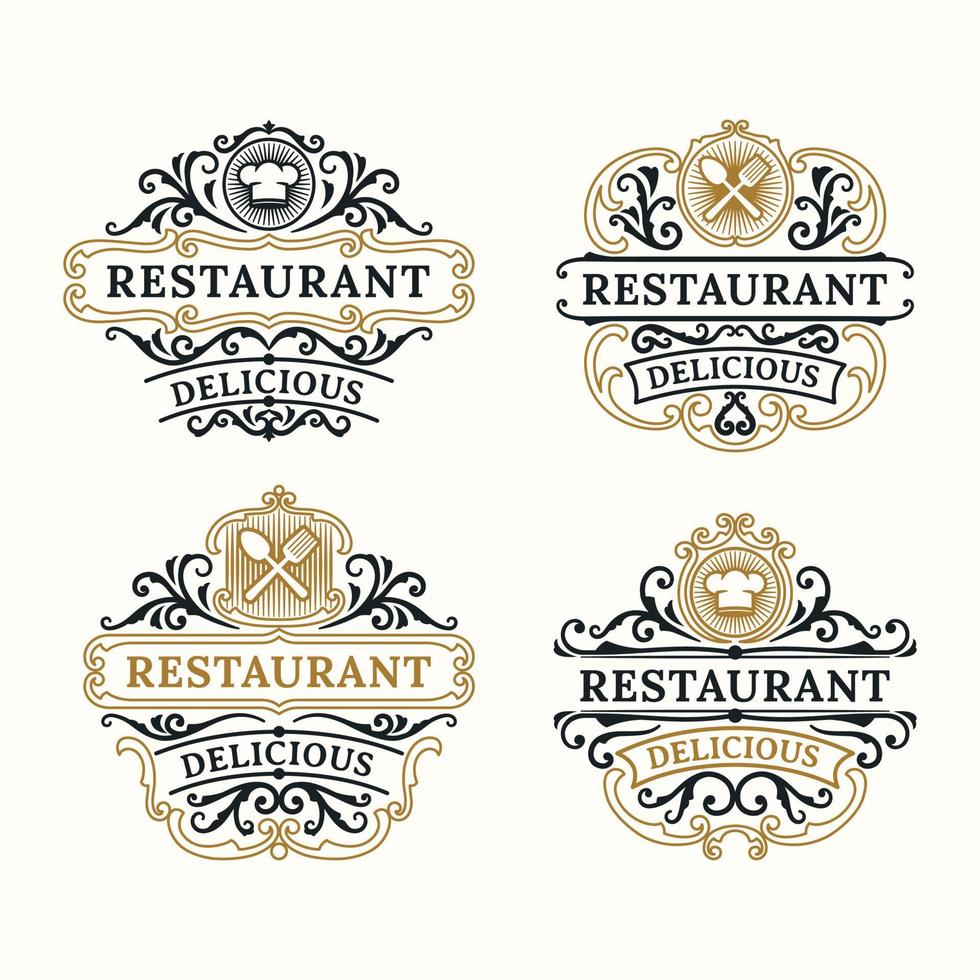Restaurant-Vintage-Luxus-Rahmen-Logo-Abzeichen mit gedeihendem viktorianischen Ornament vektor