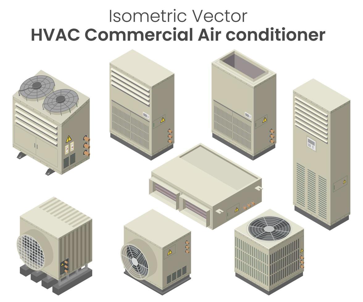 isometrisk vektor av luftkonditioneringsanläggningar kondenseringsenhet, kylare, vrf-enheter, luftkonditioneringsapparater för kommersiella eller fabriker, hvac