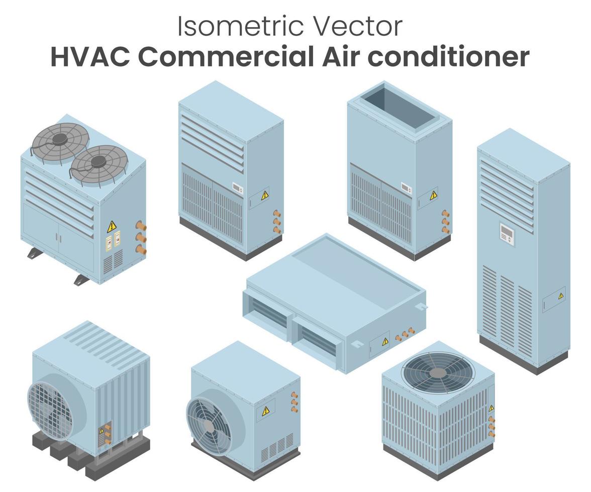 isometrisk vektor av luftkonditioneringsanläggningar kondenseringsenhet, kylare, vrf-enheter, luftkonditioneringsapparater för kommersiella eller fabriker, hvac