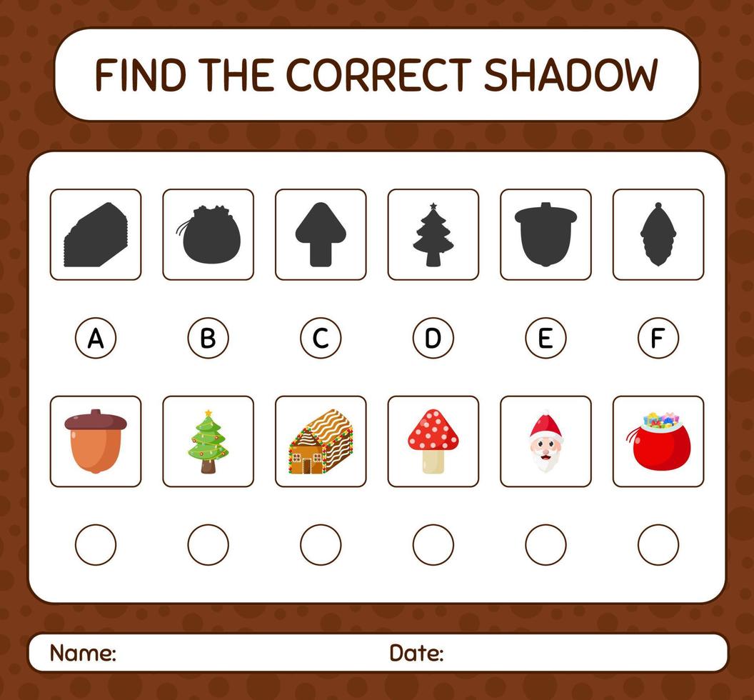 finde das richtige schattenspiel mit weihnachtssymbol. arbeitsblatt für vorschulkinder, kinderaktivitätsblatt vektor