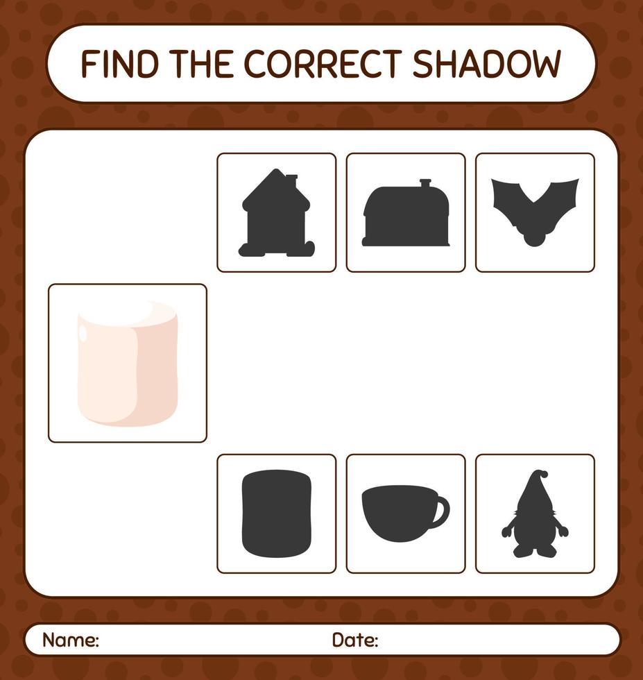Finden Sie das richtige Schattenspiel mit Marshmallow. arbeitsblatt für vorschulkinder, kinderaktivitätsblatt vektor
