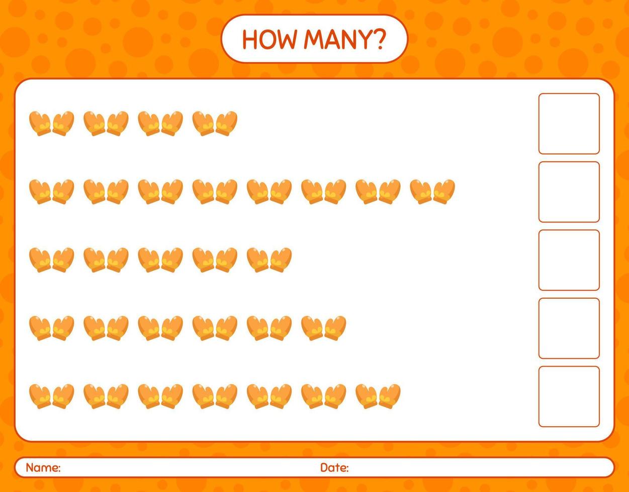 hur många räknar spel med handske. arbetsblad för förskolebarn, aktivitetsblad för barn vektor