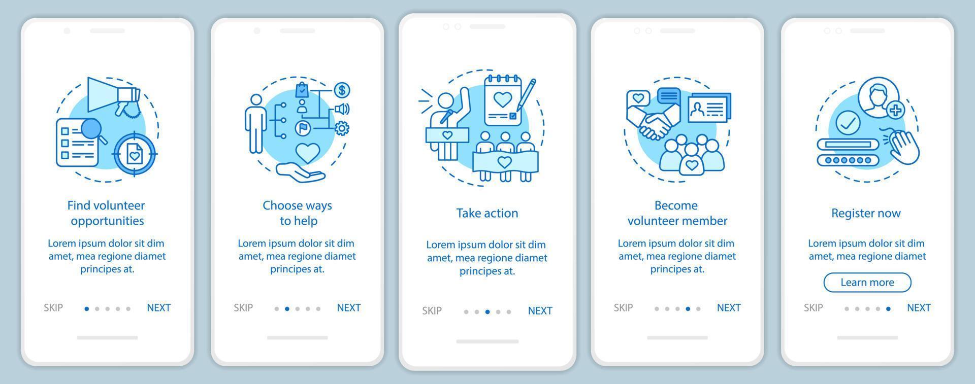 Freiwillige finden den Onboarding-Bildschirm der mobilen App mit linearen Konzepten. humanitäre Hilfe. Freiwilligenprogramm Walkthrough Schritte grafische Anweisungen. ux, ui, gui-vektorvorlage mit illustrationen vektor