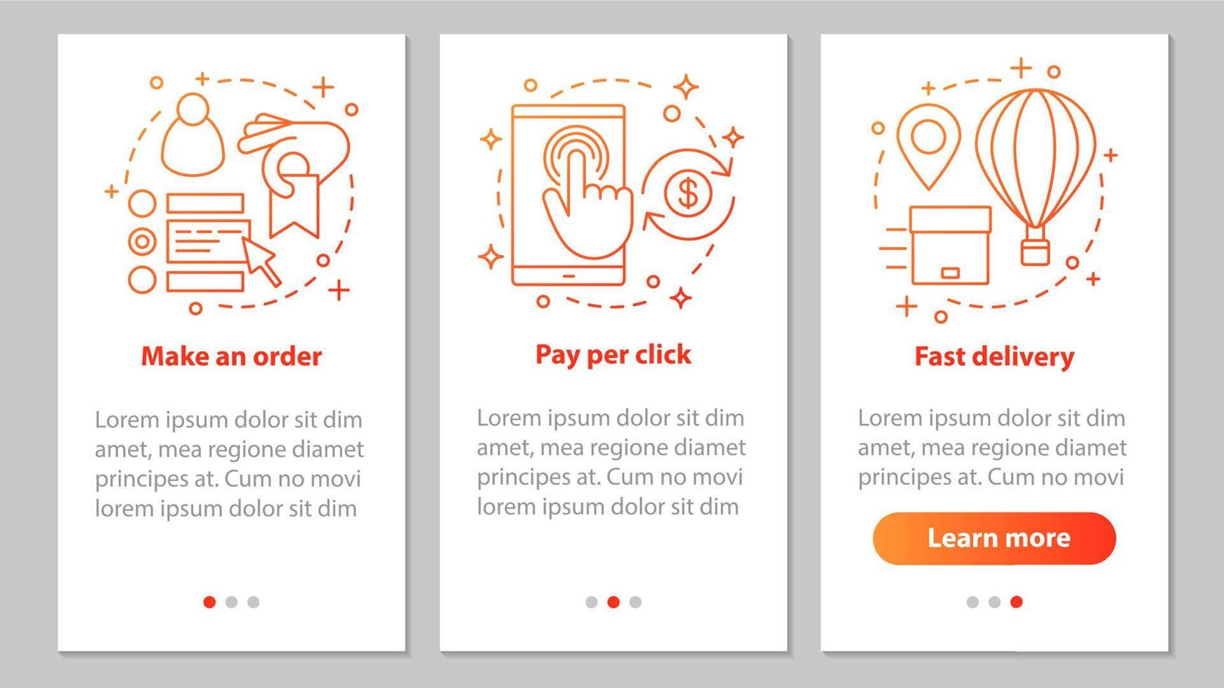 online-shopping-onboarding-bildschirm der mobilen app-seite mit linearen konzepten. digitaler Kauf. Bestellung aufgeben, Zahlung per Klick, schnelle Lieferung. Schritte grafische Anweisungen. ux, ui, gui-vektorillustrationen vektor