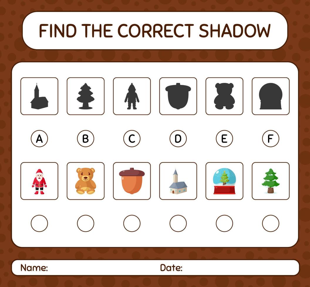 finde das richtige schattenspiel mit weihnachtssymbol. arbeitsblatt für vorschulkinder, kinderaktivitätsblatt vektor