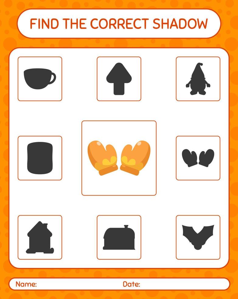 Finden Sie das richtige Schattenspiel mit Handschuh. arbeitsblatt für vorschulkinder, kinderaktivitätsblatt vektor