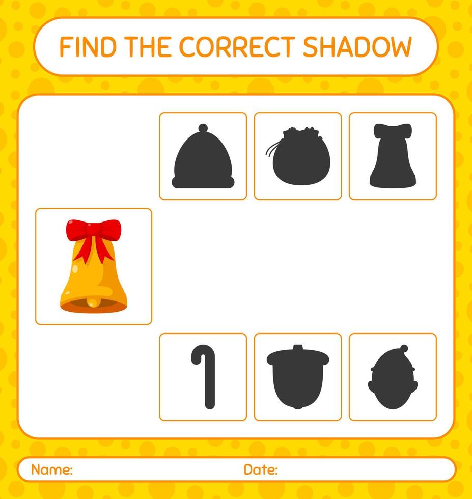 Finden Sie das richtige Schattenspiel mit Glocke. arbeitsblatt für vorschulkinder, kinderaktivitätsblatt vektor