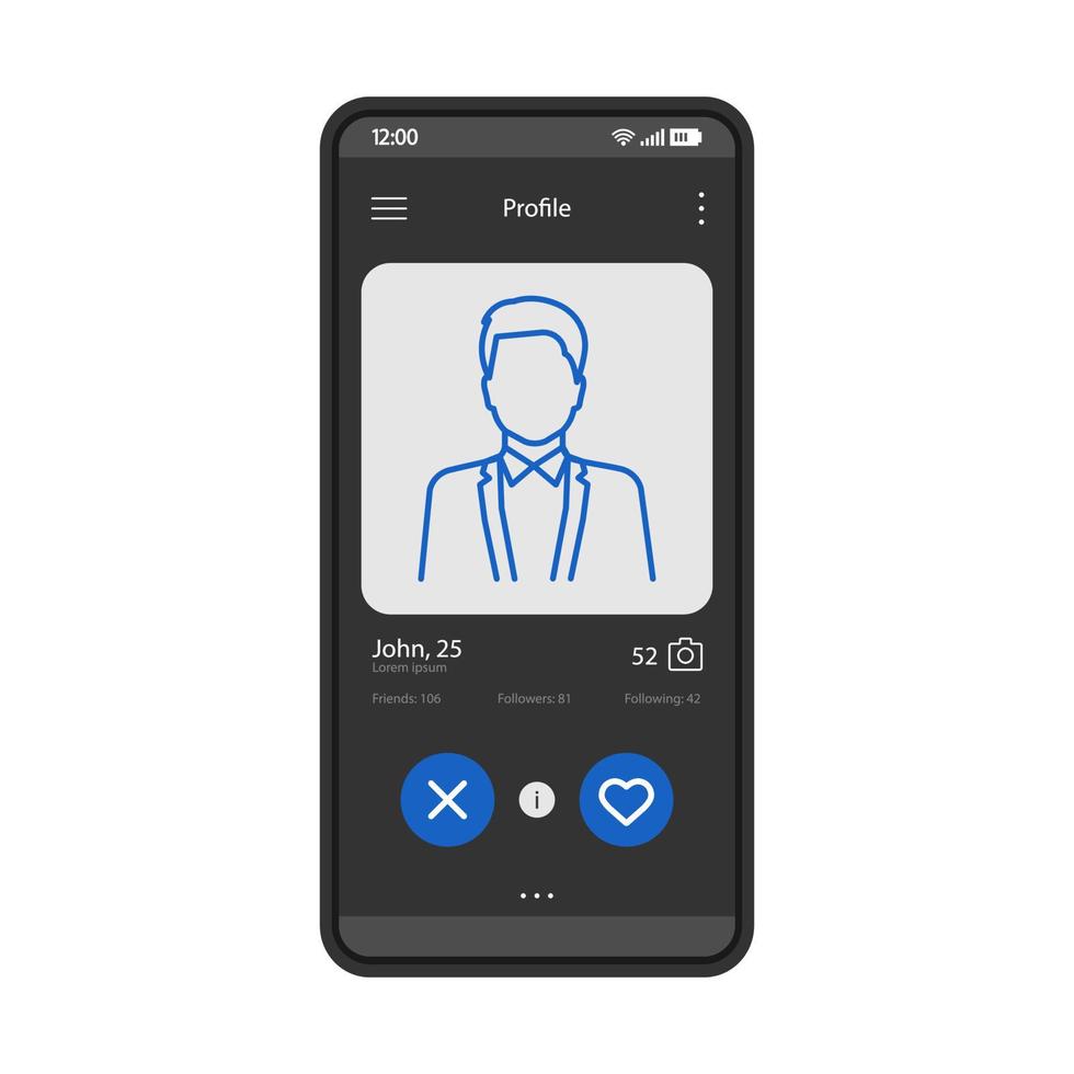 dating app profil gränssnitt vektor mall. mobil app gränssnitt svart design layout. online dating smartphone applikation. platt ui. telefondisplay med mannens profilinformation