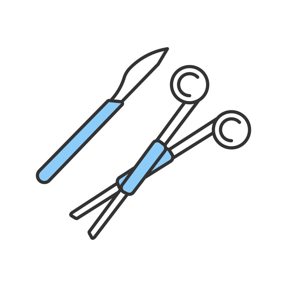 Farbsymbol für chirurgisches Skalpell und Klemme. chirurgische Werkzeuge. chirurgische Instrumente. isolierte Vektorillustration vektor