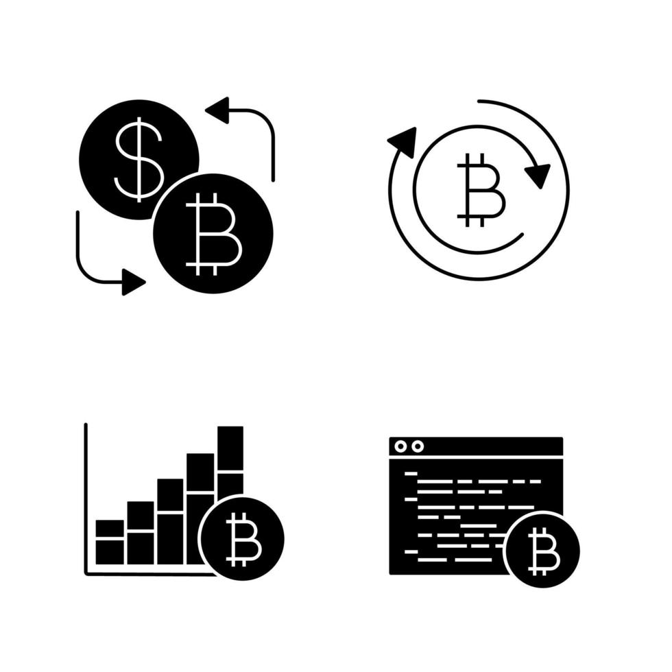 bitcoin cryptocurrency glyph ikoner set. valutaväxling, bitcoin-återbetalning, marknadstillväxtdiagram, gruvprogramvara. siluett symboler. vektor isolerade illustration