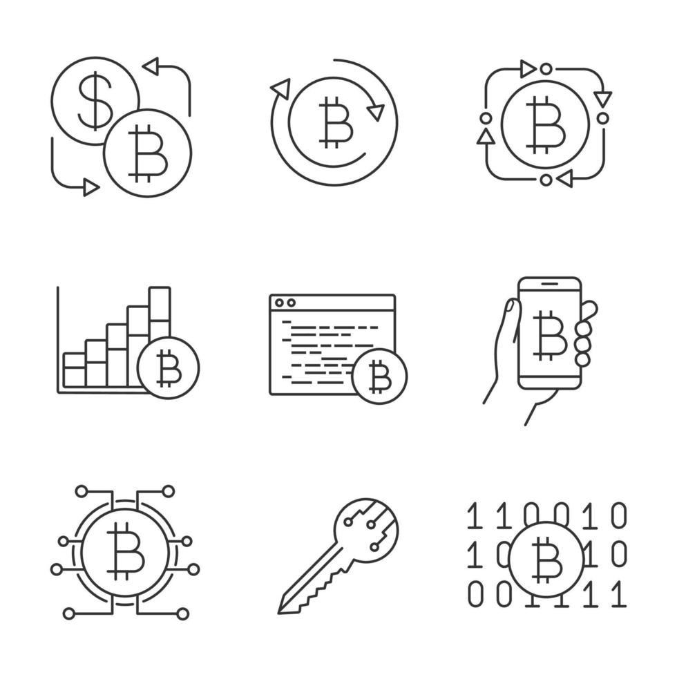 bitcoin cryptocurrency linjära ikoner set. bitcoinbörs, fintech, marknadstillväxtdiagram, gruvmjukvara, digital plånbok, nyckel, binär kod. isolerade vektor kontur illustrationer. redigerbar linje