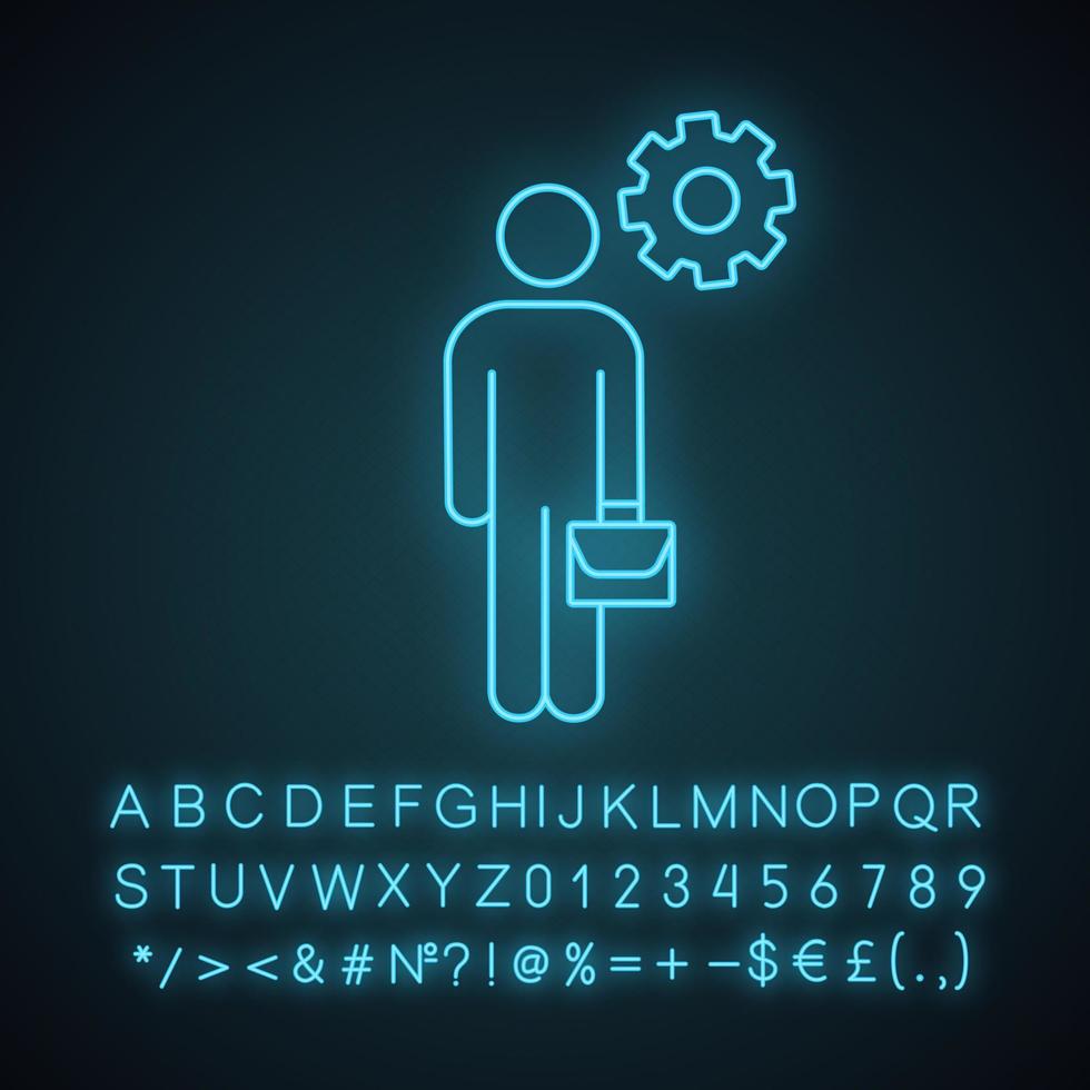 chef neonljus ikon. affärsman. person med portfölj och kugghjul. glödande tecken med alfabet, siffror och symboler. vektor isolerade illustration