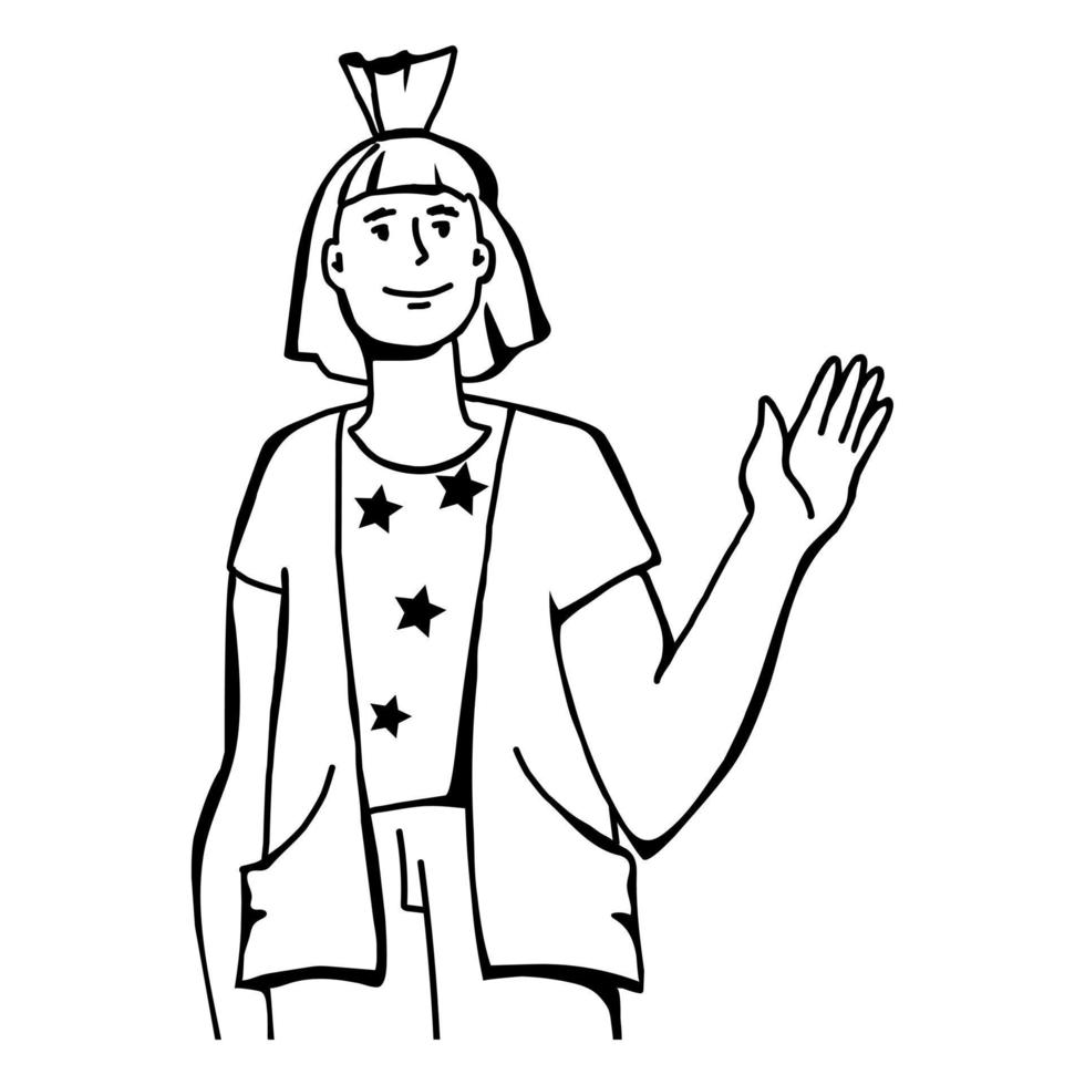 ung glad kvinna viftande hand i hälsningsgest, säger hej, linjekonst eller skiss stil vektorillustration isolerad på vit bakgrund. glad ung kvinna eller student säger hej. vektor