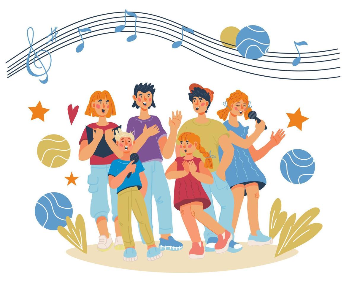 gruppe von kinderzeichentrickfiguren, die im schulchor singen. Musikunterricht, Musikpädagogik oder Gesangsunterricht für Kinder. flache Cartoon-Vektor-Illustration isoliert auf weißem Hintergrund. vektor