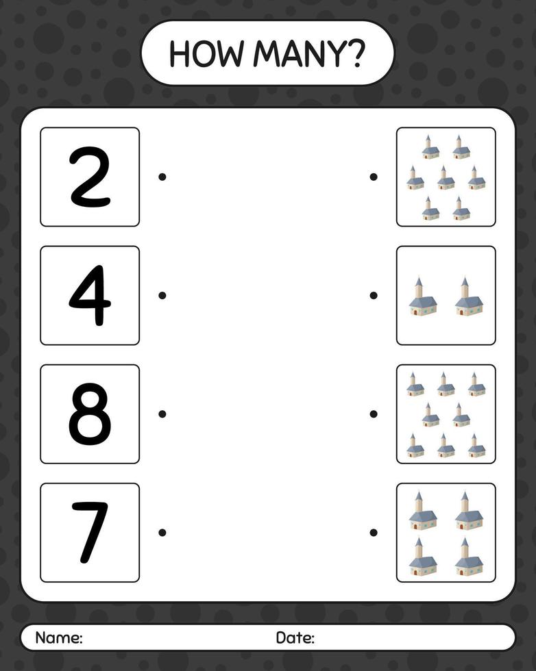 hur många räknar spel med kyrkan. arbetsblad för förskolebarn, aktivitetsblad för barn vektor