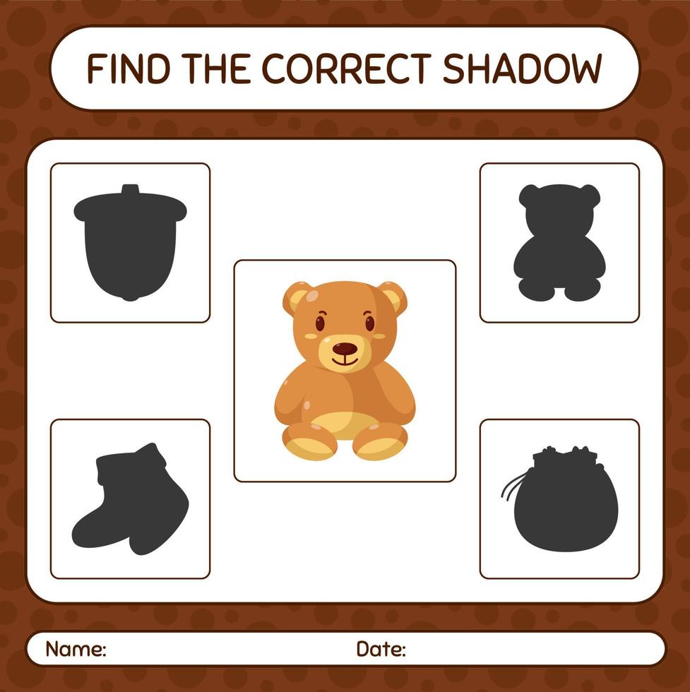 hitta rätt skuggspel med nallebjörn. arbetsblad för förskolebarn, aktivitetsblad för barn vektor