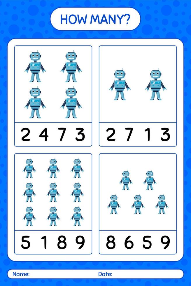 Wie viele Zählspiele mit Roboterspielzeug. arbeitsblatt für vorschulkinder, kinderaktivitätsblatt vektor